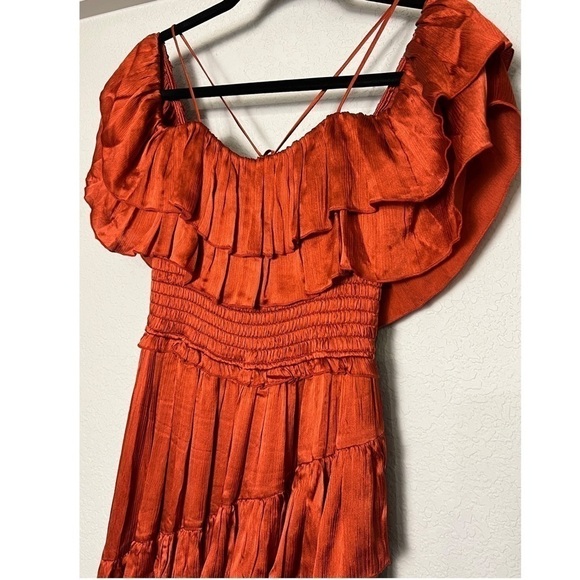 ULLA JOHNSON 70s Silk Tiered Ruffle Smocked Off Shoulder Sleeveless Maxi Gown 0 - Picture 5 of 12